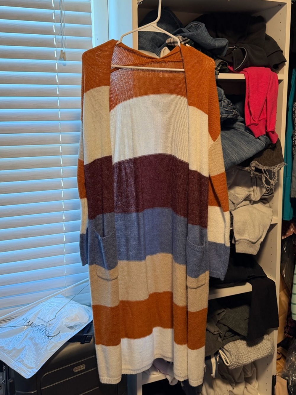 Amazon Long Open-Front Striped Cardigan - Rust, Cream, Blue, Maroon